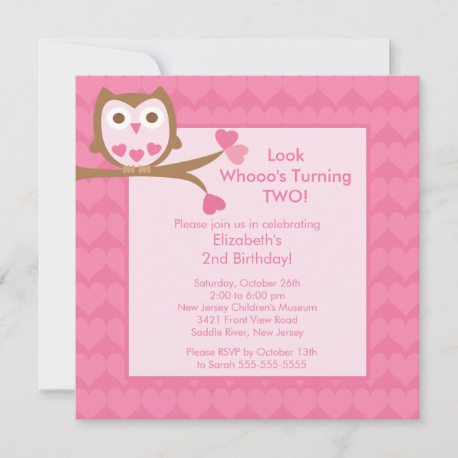 Invitación al cumpleaños de los niños de búho rosa (Anverso)