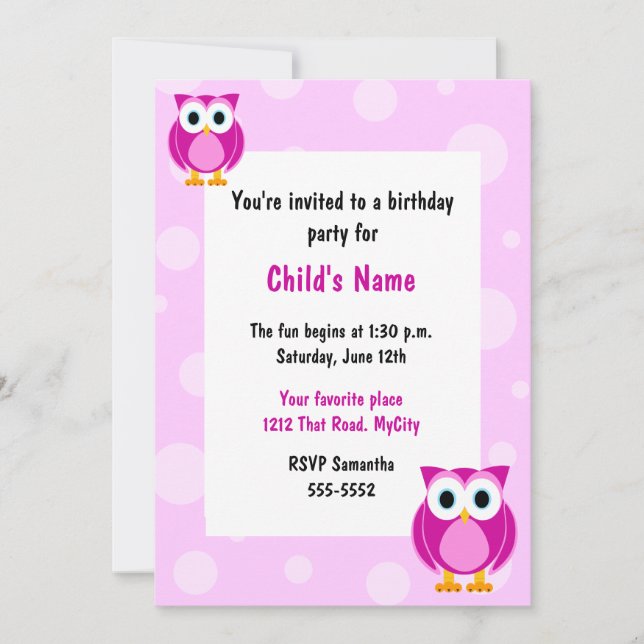 Invitación al cumpleaños de los niños de Lechuzas  (Anverso)