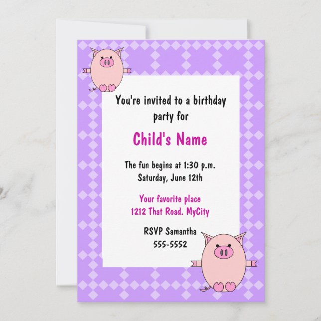 Invitación al cumpleaños de los niños de Pink Pigg (Anverso)