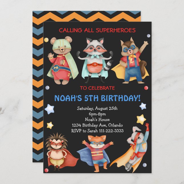 Invitación al cumpleaños de los niños de Superhéro (Anverso / Reverso)