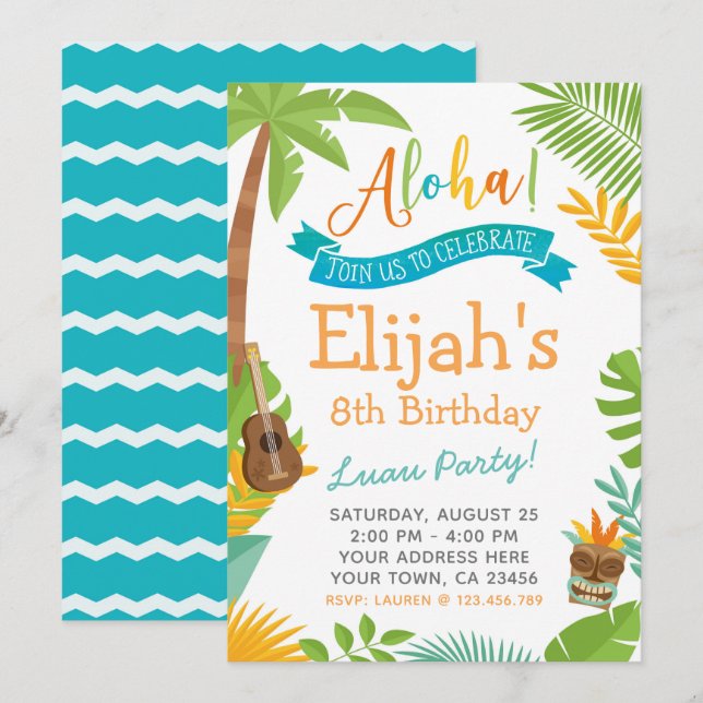 Invitación al cumpleaños de Luau (Anverso / Reverso)