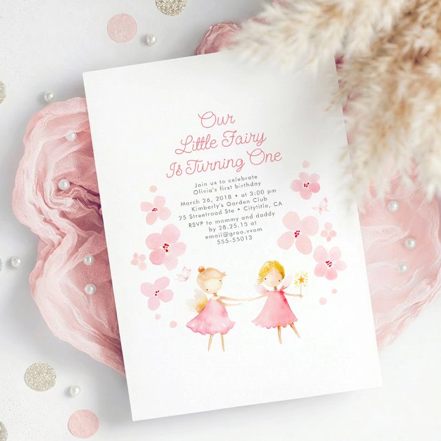 Invitación al cumpleaños de Magic Fairy (Little Fairy Pink Floral Cute Whimsical 1st Birthday Invitation to Celebrate Baby Girl)