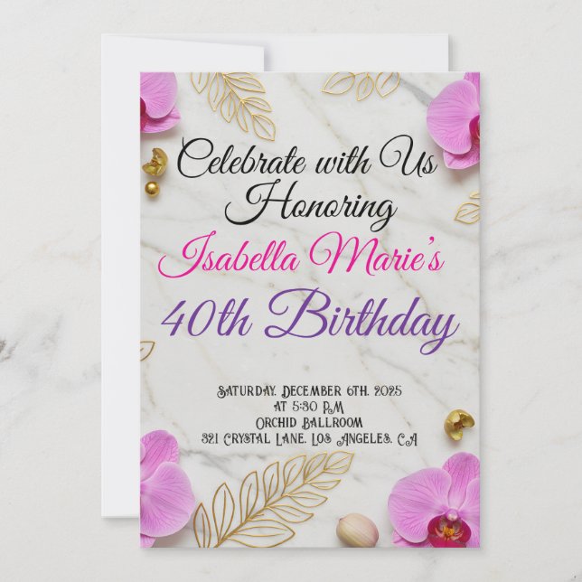Invitación al cumpleaños de Marble Blanco y Orquíd (Anverso)