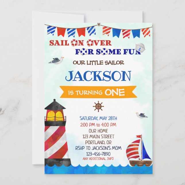 Invitación al cumpleaños de marinero Niño fiesta d (Anverso)