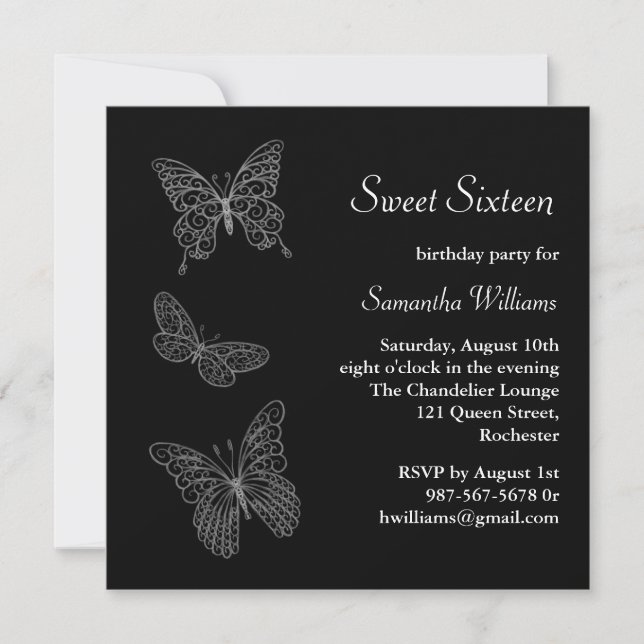 Invitación al cumpleaños de Mariposa (negro) (Anverso)