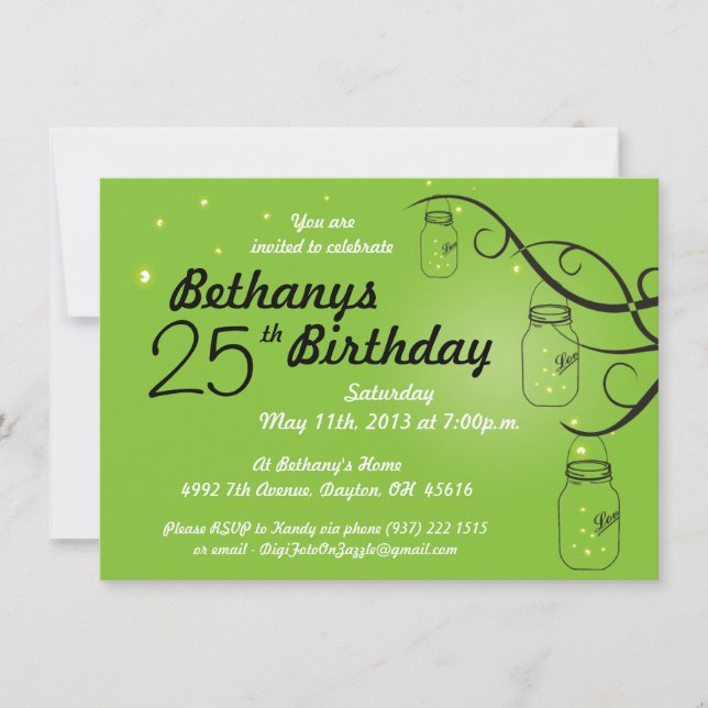 Invitación al cumpleaños de Mason Jar en Lime Gree (Anverso)
