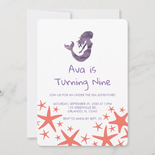 Invitación al cumpleaños de Mermaid Purple Starfis (Anverso)