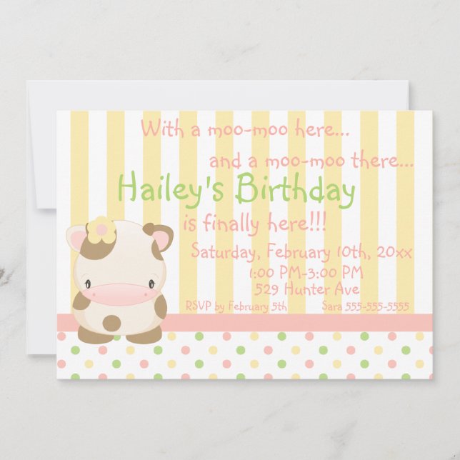 Invitación al cumpleaños de Moo-Cow de la granja (Anverso)