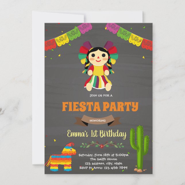 Invitación al cumpleaños de muñecas mexicanos (Anverso)