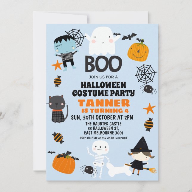 Invitación al cumpleaños de Naranja Blue Halloween (Anverso)