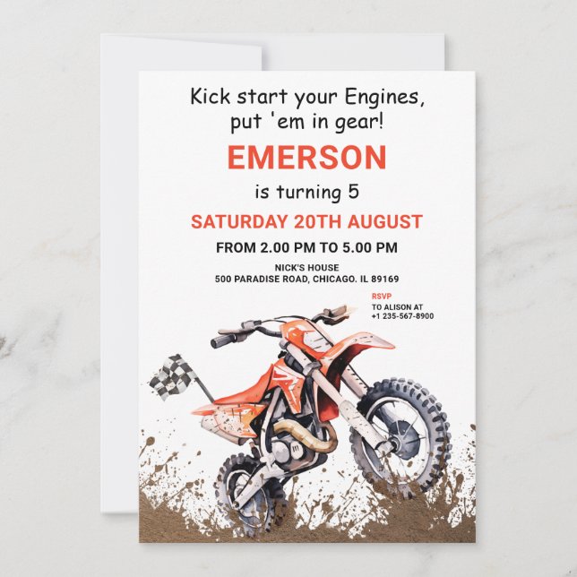 Invitación al cumpleaños de Naranja Dirt Bike (Anverso)