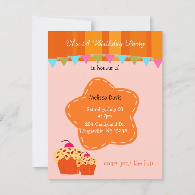 Invitación al cumpleaños de naranja Flower and Cup (Anverso)