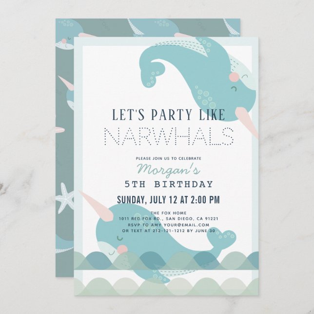 Invitación al cumpleaños de Narwhal Waves Sea Blue (Anverso / Reverso)