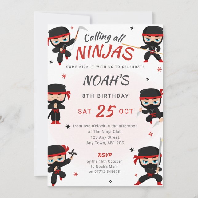 Invitación al cumpleaños de Ninja Roja - Fiesta de (Anverso)