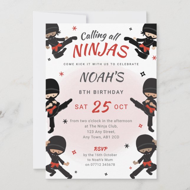 Invitación al cumpleaños de Ninja roja - Ven a pat (Anverso)