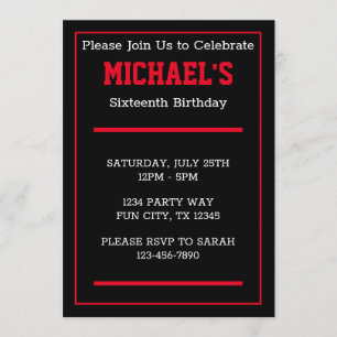 Invitación al cumpleaños de niño negro y rojo