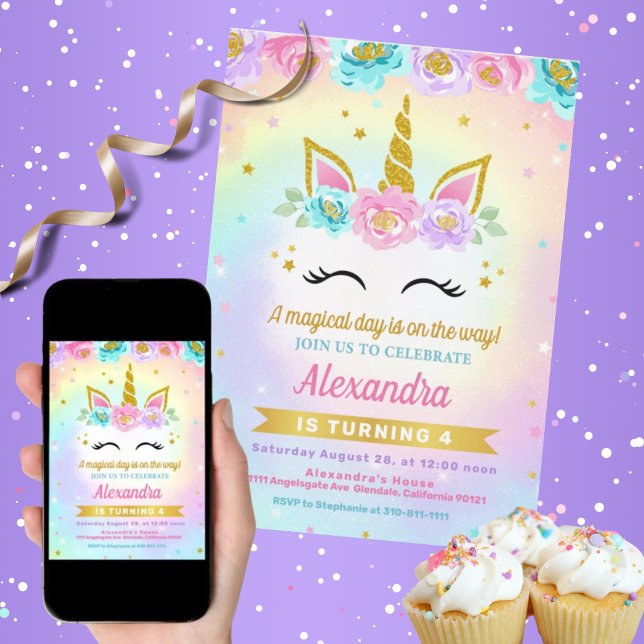 Invitación al cumpleaños de niños de Unicornio y R (Magical Unicorn and Roses Birthday Invitation-Fully Customized!)