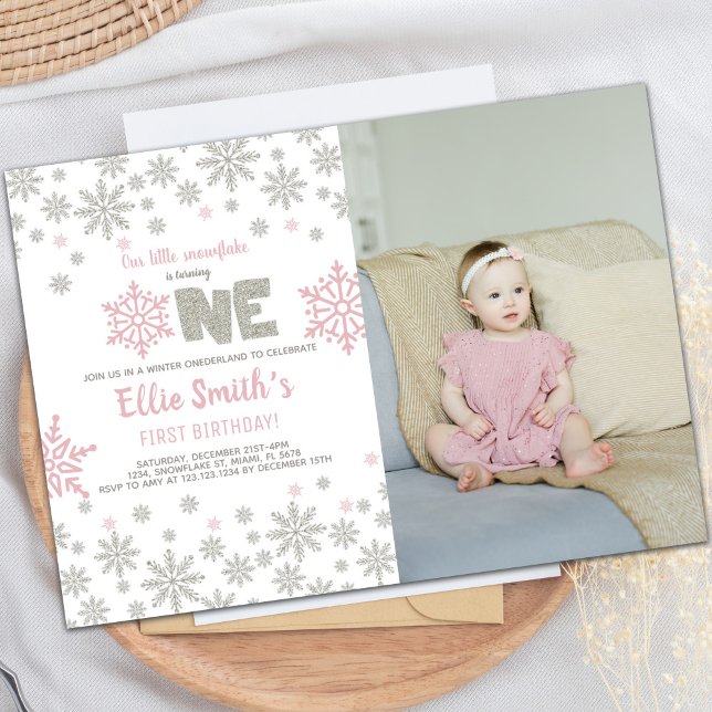 Invitación al cumpleaños de Onederland Purpurina r (Pink Photo Glitter Winter ONEderland Birthday Invitation)
