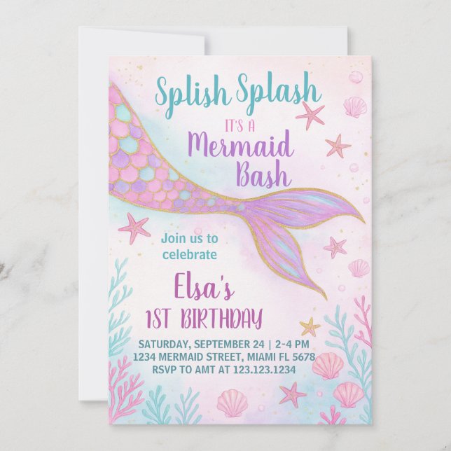 Invitación al cumpleaños de Pastel Mermaid (Anverso)