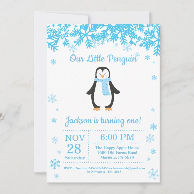 Invitación al cumpleaños de Penguin Winter Boy (Anverso)