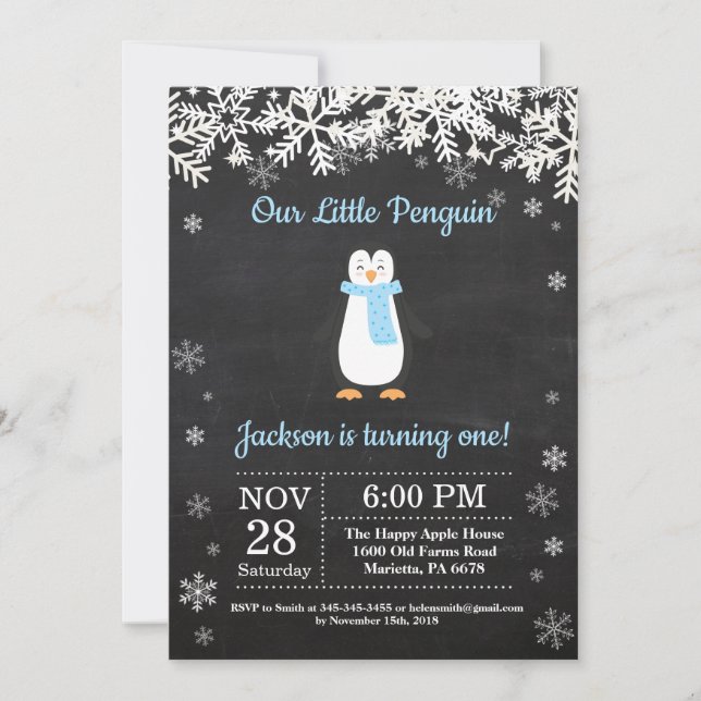 Invitación al cumpleaños de Penguin Winter Boy (Anverso)