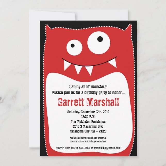 Invitación al cumpleaños de pequeños monstruos las (Anverso)