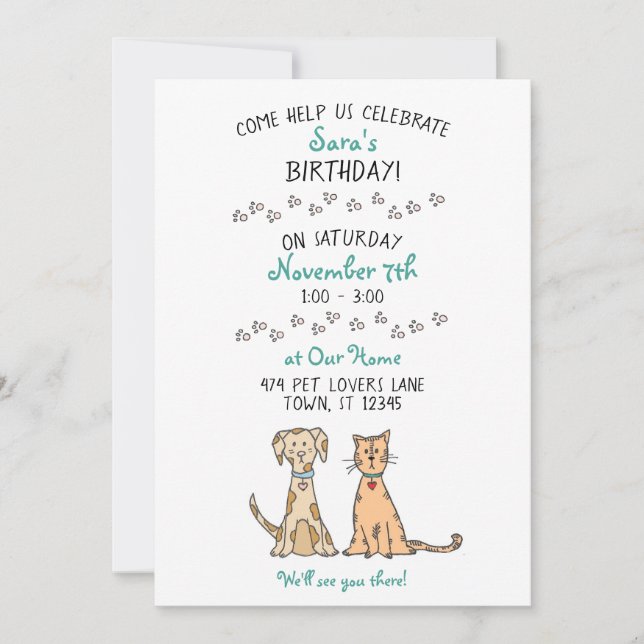 Invitación al cumpleaños de perro y gato (Anverso)
