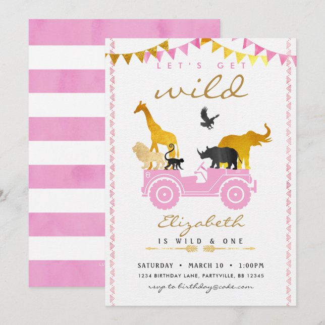Invitación al cumpleaños de Pink Gold Safari (Anverso / Reverso)