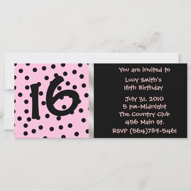 Invitación al cumpleaños de Polkadot negro y rosa (Anverso)