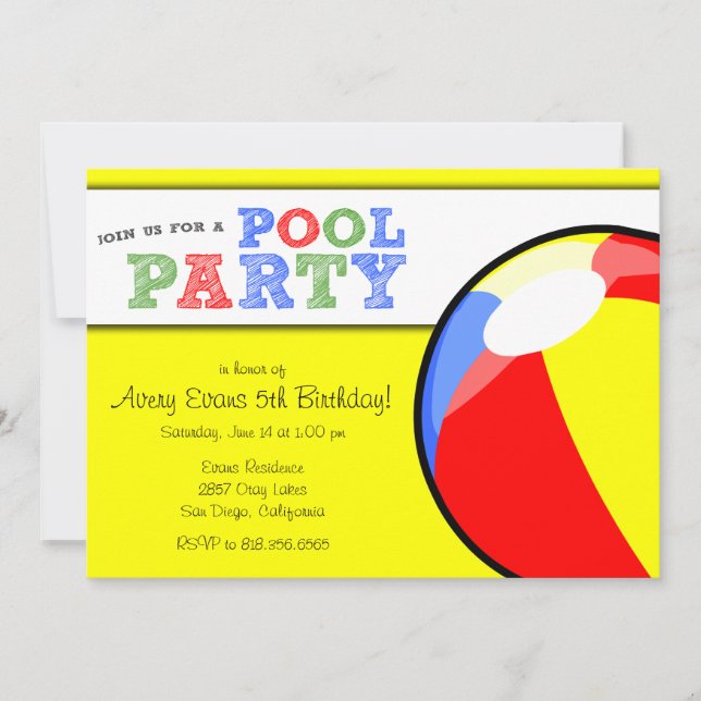 Invitación al cumpleaños de Pool Fiesta Beach Ball (Anverso)