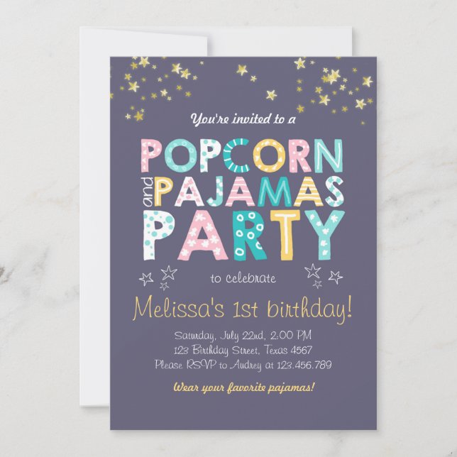 Invitación al cumpleaños de Popcorn y Pajamas Slee (Anverso)