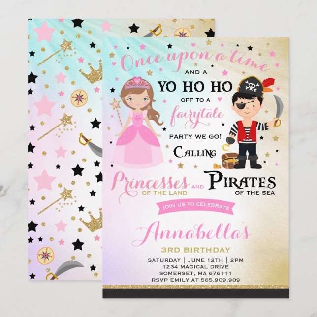 Invitación Al Cumpleaños De Princesa Y Pirata (Anverso / Reverso)