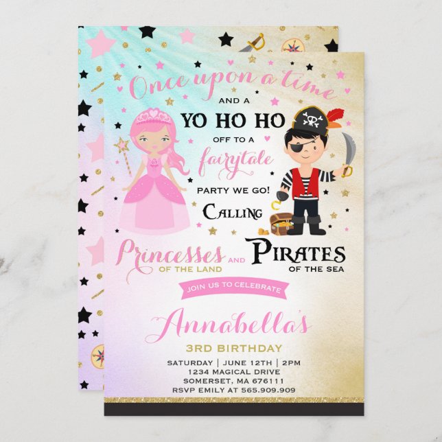 Invitación al cumpleaños de Princesa y Pirata (Anverso / Reverso)