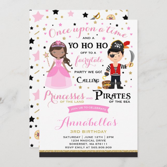 Invitación Al Cumpleaños De Princesa Y Pirata (Anverso / Reverso)