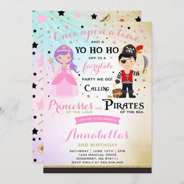 Invitación Al Cumpleaños De Princesa Y Pirata (Anverso / Reverso)