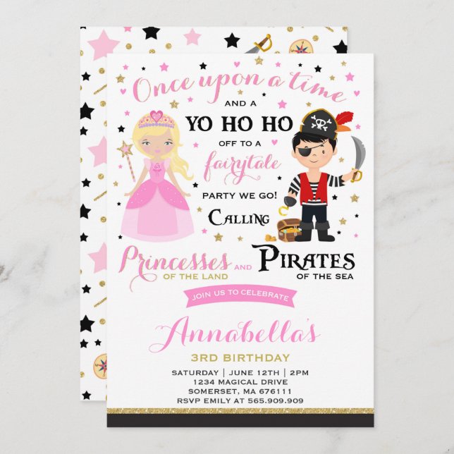 Invitación Al Cumpleaños De Princesa Y Pirata (Anverso / Reverso)