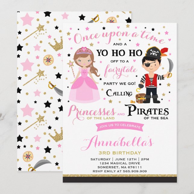 Invitación Al Cumpleaños De Princesa Y Pirata (Anverso / Reverso)