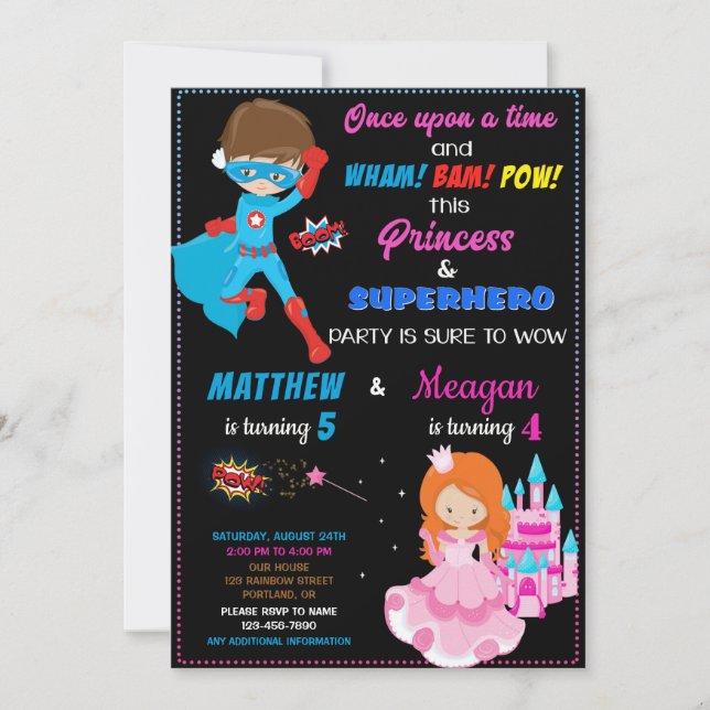 Invitación al cumpleaños de Princesa y Superheroín (Anverso)