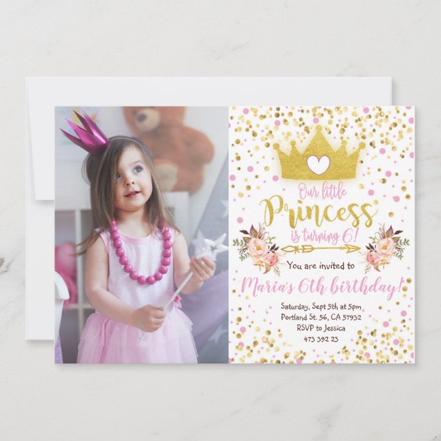 Invitación al cumpleaños de Princess Pink Gold Con (Anverso)
