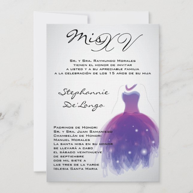 Invitación al cumpleaños de Quinceanera con vestid (Anverso)