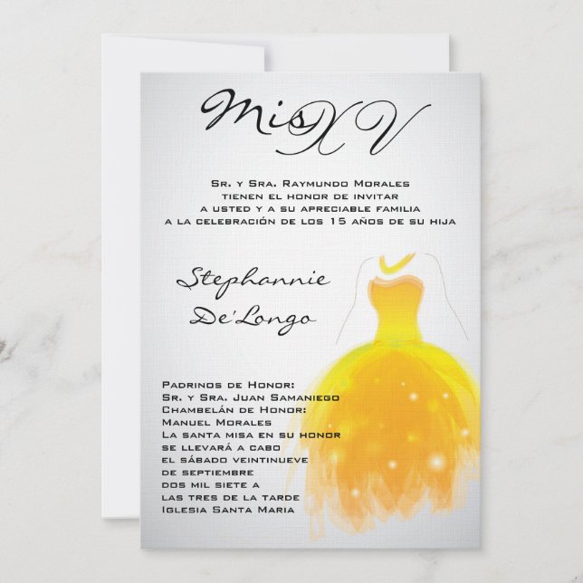 Invitación al cumpleaños de Quinceanera con vestim (Anverso)