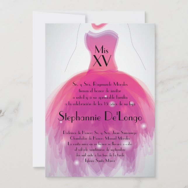 Invitación al cumpleaños de Quinceanera con vestim (Anverso)