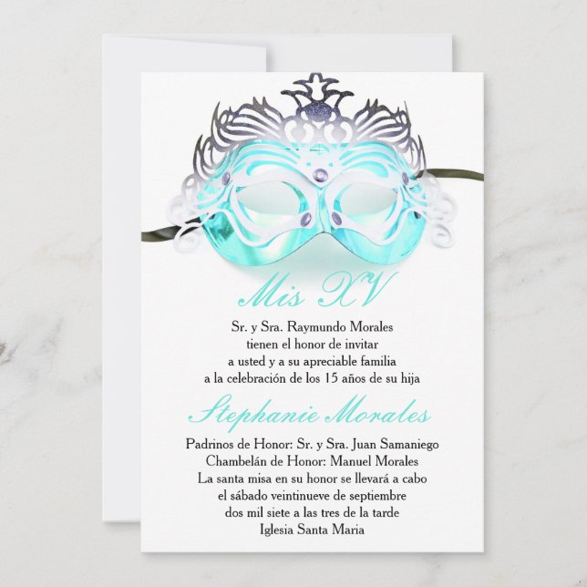 Invitación al cumpleaños de Quinceanera, mascarada (Anverso)