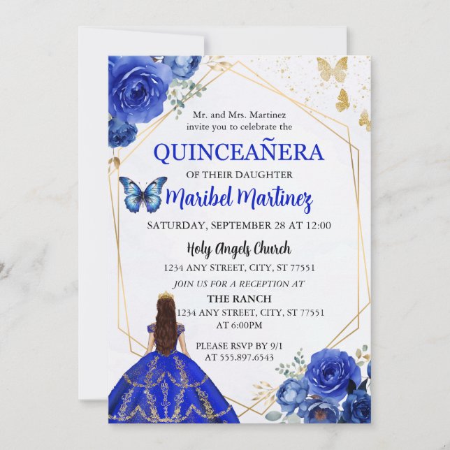Invitación al cumpleaños de Quinceanera Royal Blue (Anverso)