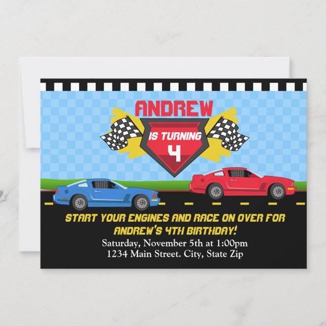 Invitación al cumpleaños de Race Car 5x7 con tarje (Anverso)