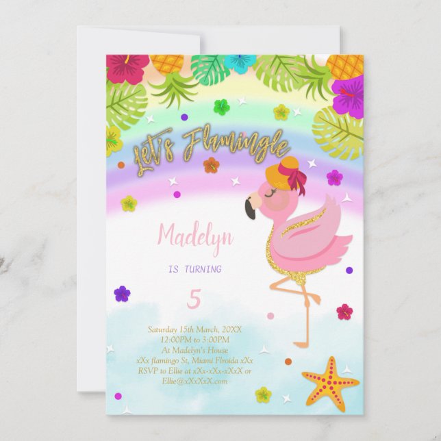 Invitación al cumpleaños de Rainbow Flamingo (Anverso)