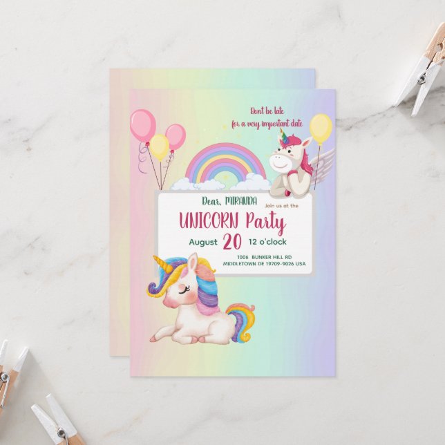 Invitación al cumpleaños de Rainbow unicorn (Anverso/Reverso In Situ)