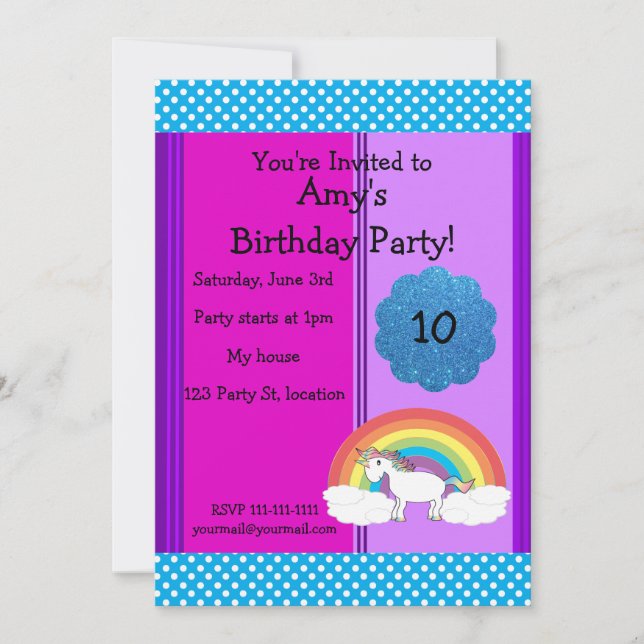 Invitación al cumpleaños de Rainbow unicorn (Anverso)
