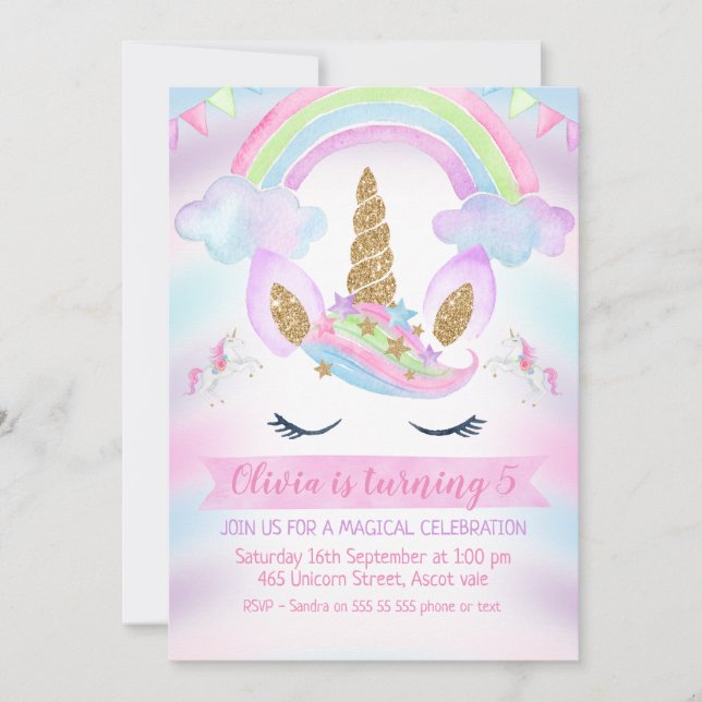 Invitación al cumpleaños de Rainbow Unicorn Chicas (Anverso)