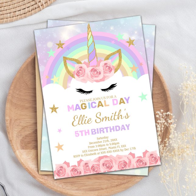 Invitación al cumpleaños de Rainbow Unicorn editab (Rainbow Unicorn Birthday Invitations)